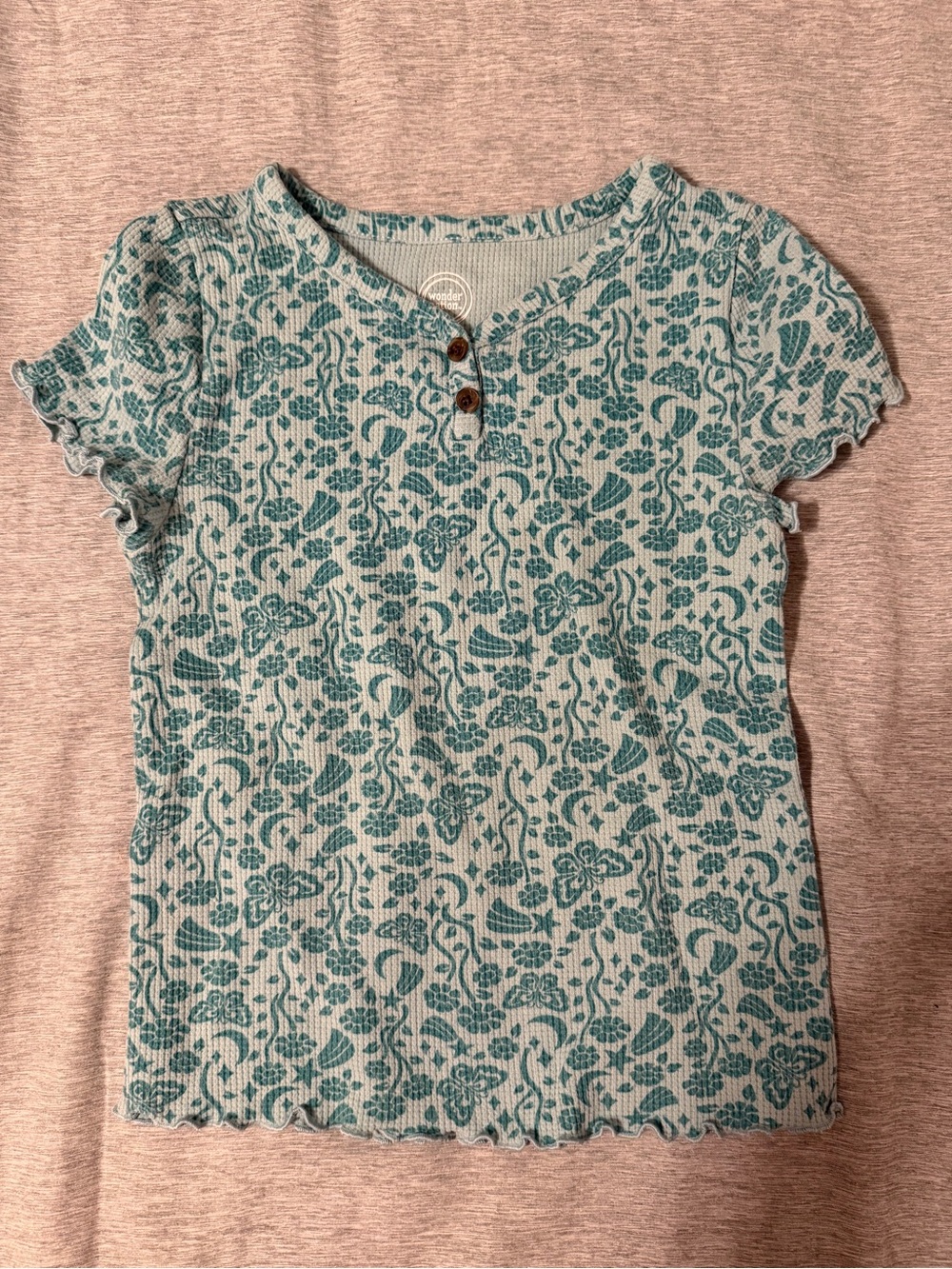 wonder nation Teal Floral Ribbed Henley Top